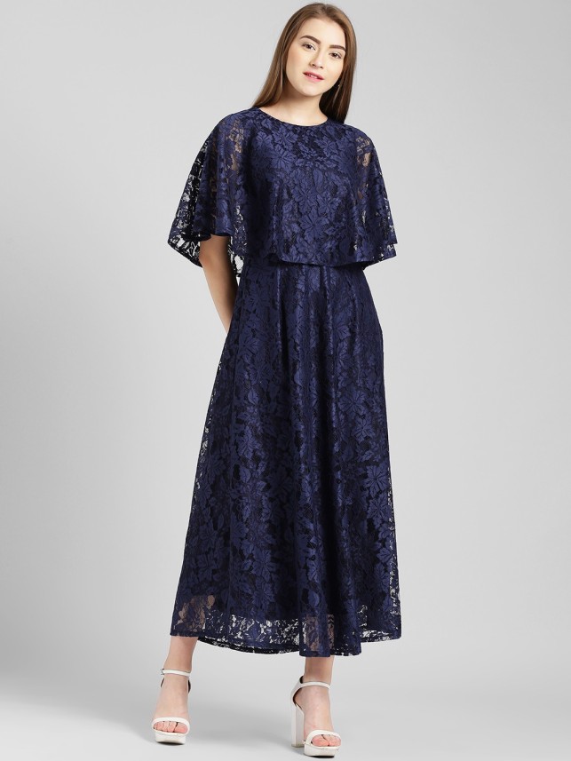 Women Fit and Flare Dark Blue Dress ...